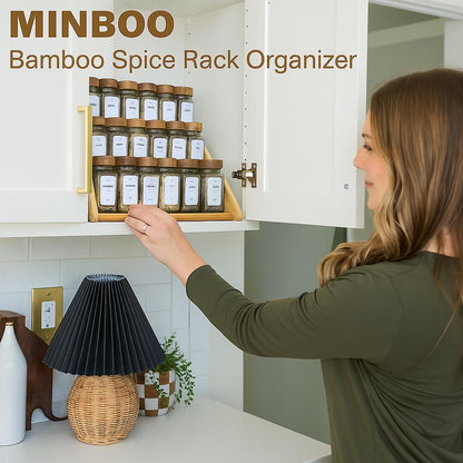 Bamboo Spice Rack Organizer - 3 Tier Foldable Wooden Spice Rack for Countertop, Cabinet & Drawer- Organic Bamboo-Extra Sturdy Wooden Spice Shelf, No Spice Jars Included