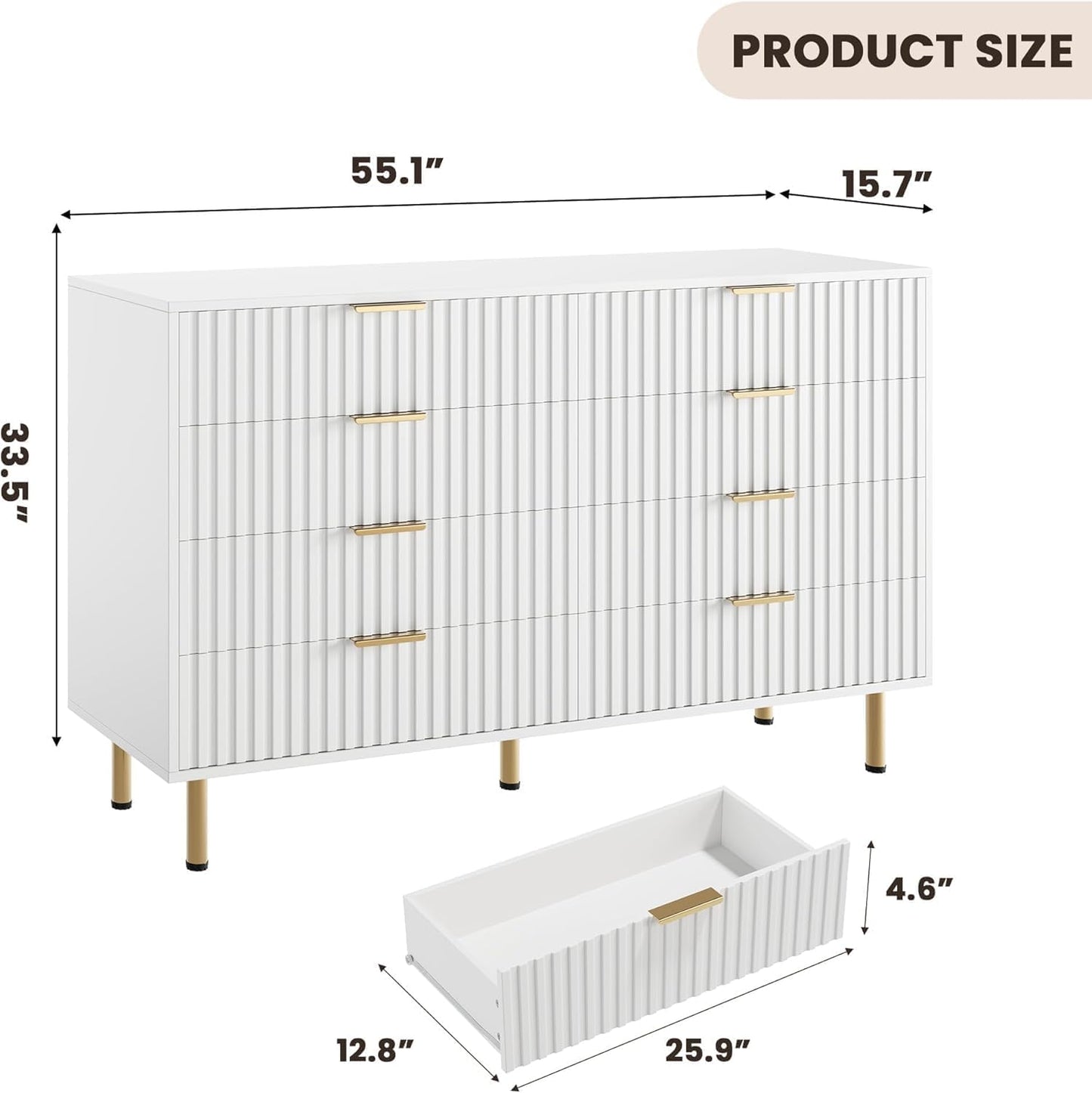 8 Drawer Dresser for Bedroom, Fluted 55" Wide Modern Chest of Drawers with Deep Drawers, Wooden Dresser Organizer for Living Room, Hallway, Kids Room, White