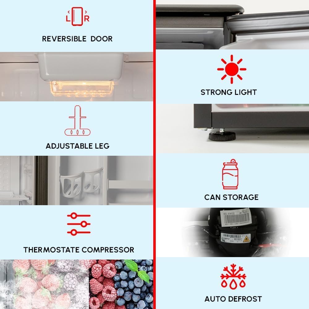 E-Star 3.3 Cu Ft Mini Fridge without Freezer - AUTO DEFROST, Reversible Single Door, Glass Shelf Refrigerator - A Space-Saving Marvel for Your Bedroom, Dorm, and Office