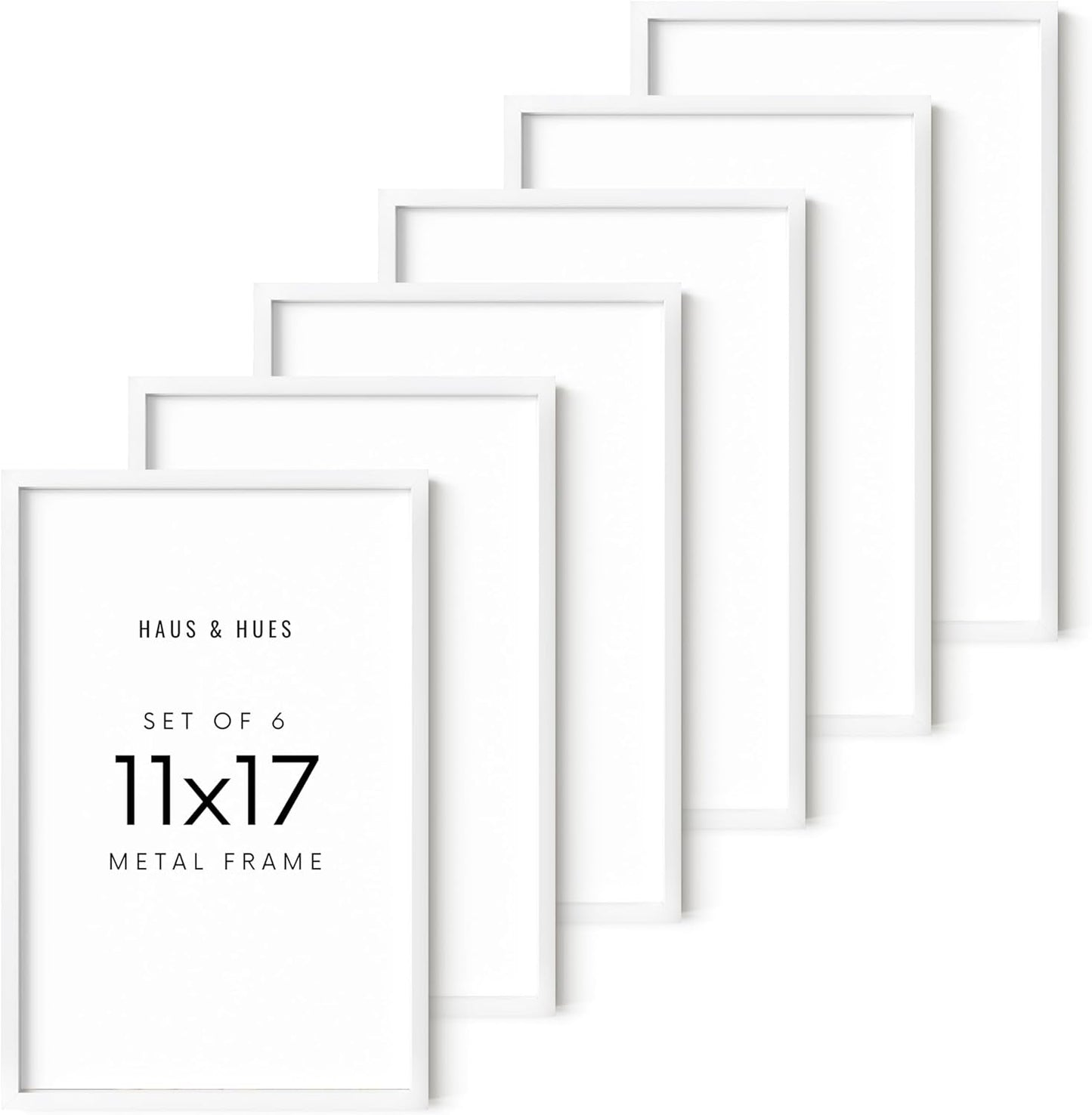 HAUS AND HUES 11x17 White Metal Picture Frames - Features Premium Aluminum, Vertical & Horizontal Hang, Shatterproof Plexiglass - Perfect for Home, Room, Office (11x17 in, White, Set of 6)
