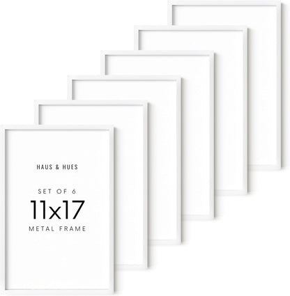 HAUS AND HUES 11x17 White Metal Picture Frames - Features Premium Aluminum, Vertical & Horizontal Hang, Shatterproof Plexiglass - Perfect for Home, Room, Office (11x17 in, White, Set of 6)