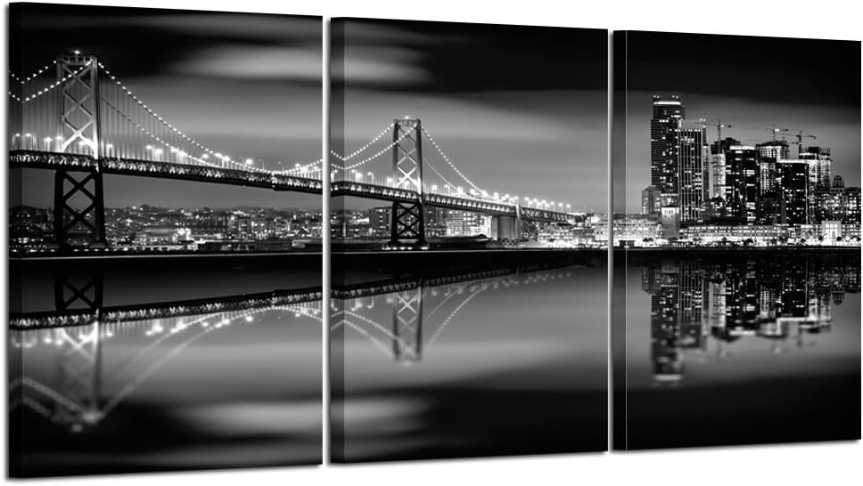 KREATIVE ARTS - San Francisco Bay at Night in Black and White Bridge 3 Panels Modern Landscape Artwork Canvas Prints Cityscape Pictures Paintings on Canvas Wall Art for Home Decor (12x16inchx3pcs)