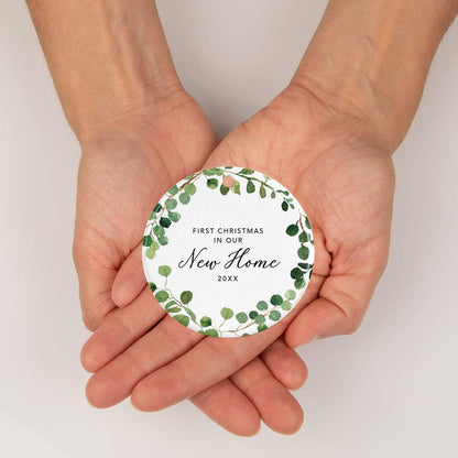 Andaz Press Custom Year Round Ceramic Porcelain Christmas Tree Ornament Keepsake Collectible Gift, First Christmas in Our New Home 2025, Woodland Wreath Deer, 1-PackHousewarming Gift Ideas
