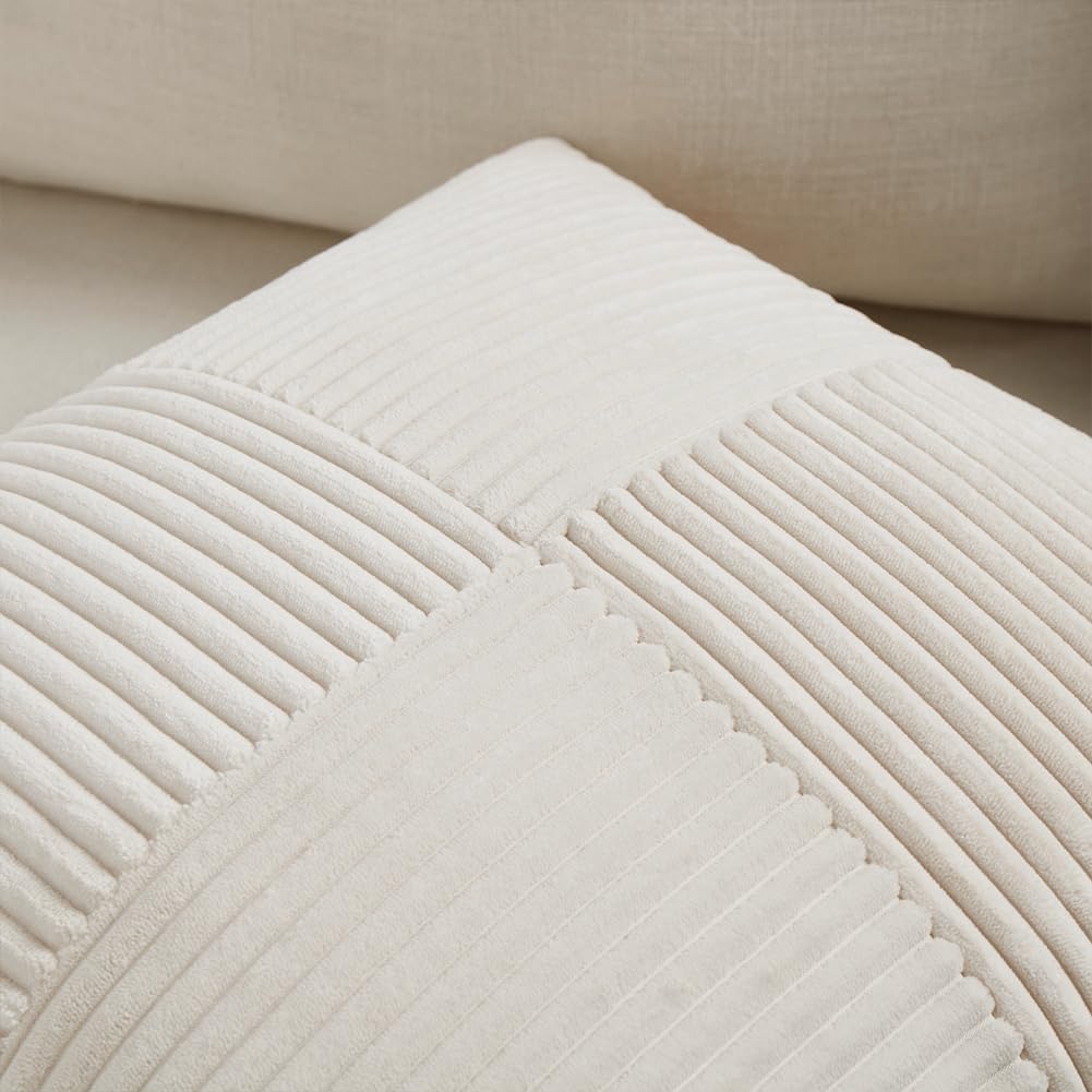 Fancy Homi 2 Packs Cream Long Lumbar Decorative Throw Pillow Covers 16x24 Inch for Couch Bed Sofa, Rustic Farmhouse Boho Home Decor, Soft Striped Corduroy Rectangle Accent Cushion Case 40x60 cm