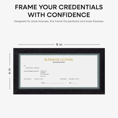 Homeforia 4x9 Business License Frame Black, High End Oak 4 x 9 Black Wood Certificate Frames, 9x4 Wooden Document Frames for Wall or Tabletop, 4 by 9 Picture Frames, Tempered Glass, Wall Kit, Set of 1