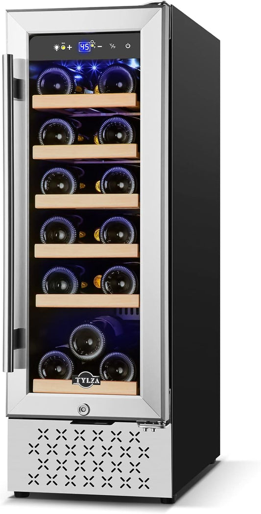 Tylza 12" Wine Cooler Refrigerator, 18 Bottle Wine Fridge Built-in or Freestanding with Stainless