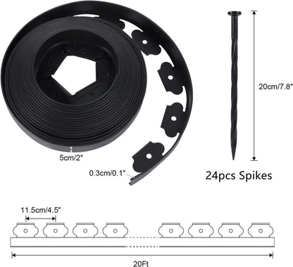 2 Inch Tall No Dig Durable Garden Landscape Edging Kit, Black Plastic Lawn Border with 24pcs Anchoring Spikes for Landscaping, Flower Gardens, Lawn (20FT+ 24pcs Anchoring Spikes)