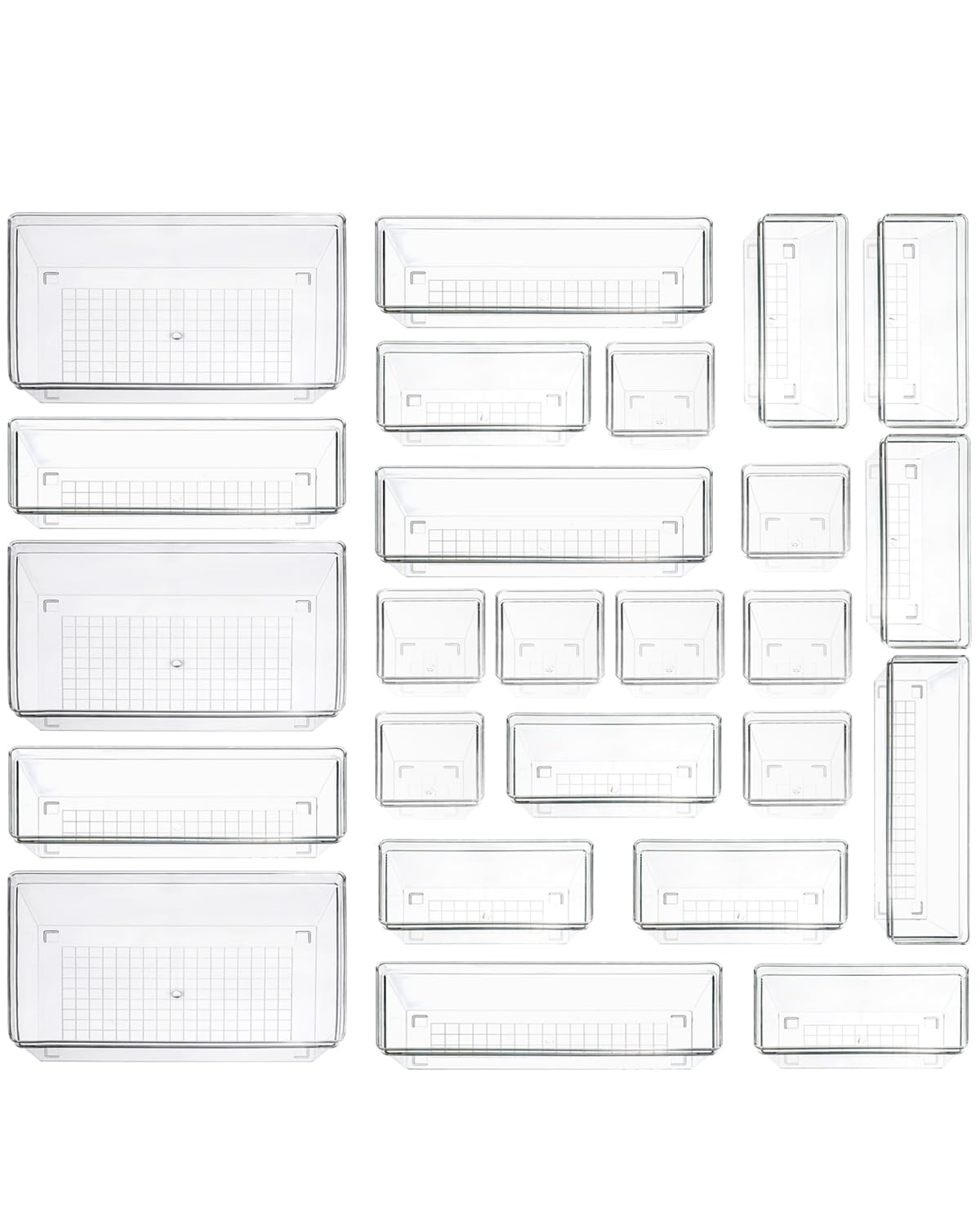 Sodynee Clear Plastic Drawer Organizer Storage - 25Pcs 4 Size Desk Bathroom Kitchen Organizers and