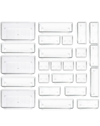 Sodynee Clear Plastic Drawer Organizer Storage - 25Pcs 4 Size Desk Bathroom Kitchen Organizers and