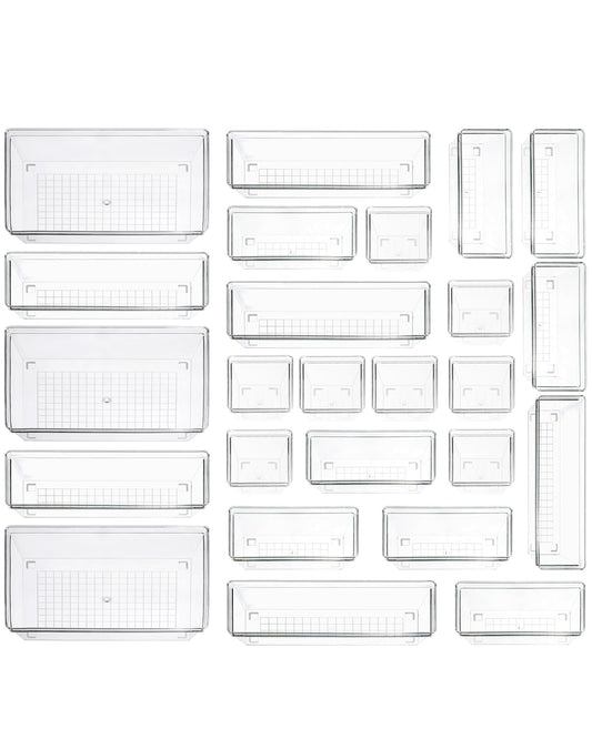 Sodynee Clear Plastic Drawer Organizer Storage - 25Pcs 4 Size Desk Bathroom Kitchen Organizers and