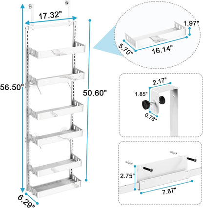 bukfen Over the Door Pantry Organizer, 6-Tier Adjustable Basket Kitchen Pantry Door Organization and Storage, Heavy-Duty Metal Hanging Kitchen Spice Rack,D6.3 x W17.32 x H50.60 inch,White Marble Color