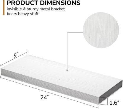 Floating Shelves - 24 Inch Rustic Wooden Wall Shelves - Extra Deeper & Thicker Wall Mounted Storage Shelf for Living Room, Kitchen, Farmhouse - 24" W x 9" D x 1.6" H - Rustic White, 2 Pack