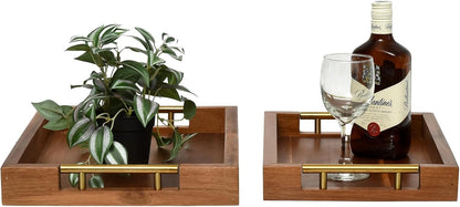 Set of 2 Acacia Wood Serving Trays with Gold Metal Handles for Food Serving, Appetizers & Snacks - Ideal for Bed, TV, Ottoman or Coffee Table Décor, Home Decoration Accessory 15.75x11.8 Inch
