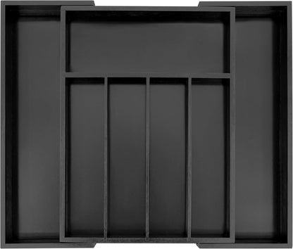 VaeFae Bamboo Drawer Organizer, Expandable Silverware Drawer Organizer, Cutlery Tray with Dividers for Kitchen Utensils (Black, Medium)