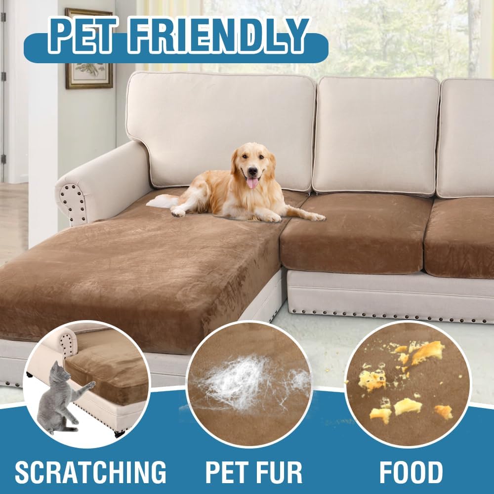 H.VERSAILTEX Velvet Stretch Sectional Couch Covers 3 Pieces Sofa Seat Cushion Covers L Shape Separate Cushion Couch Cover for Both Left/Right Sectional Couch (Large Sofa 2 Seater + 1 Chaise, Camel)