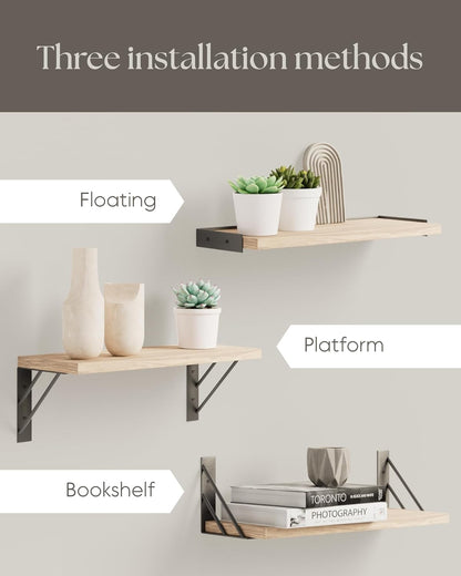 BAYKA Wall Shelves for Bedroom Decor, Floating Wall Shelves for Living Room Kitchen Storage, Wall Mounted Rustic Wood Floating Shelves for Kids Books, Corner Shelves for Bathroom(Brown，Set of 3)
