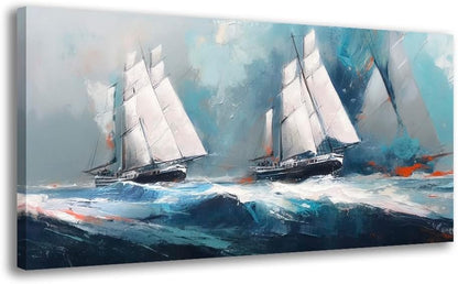 RUISHI Ocean Wall Art For Living Room Abstract Sailboat Canvas Nautical Painting Teal Blue Textured Print Coastal Themed Picture Artwork for Bedroom Bathroom Home Office Decoration 40L x 20W