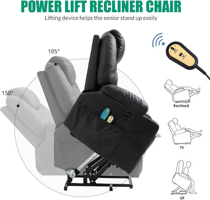 VIVIJASON Power Lift Chair Electric Recliner for Elderly Heated Vibration Massage Faux Leather Recliner Chair with 2 Remote Controls, Cup Holders, Side Pockets & USB Ports for Living Room (Black)