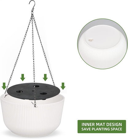 Dexceder 11.2 Inch Self Watering Hanging Planters Indoor Outdoor, Thickened Hanging Basket Flower Plant Pot (2 Pack, White)