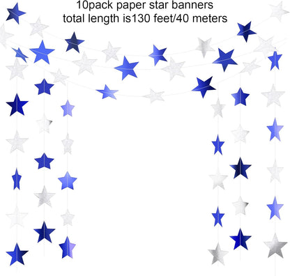 Patelai Glitter Star Garland Banner Decor 130 Feet Star Hanging Bunting Banner Twinkle Backdrop for Homecoming Classroom Wedding Birthday Halloween Christmas Party Supplies(Ocean Blue, Glitter Silver)