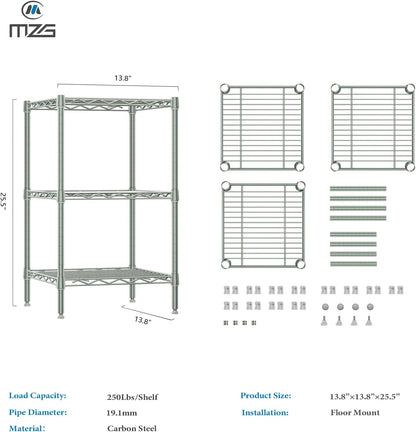 750 lbs 3-Shelf Storage Shelves Wire Shelving Unit Standing Metal Rack for Small Places Narrow Wire Rack for Bathroom, Green 13.8 D x 13.8" W x 25.5" H