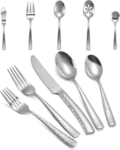 Silverware 45-Piece Silver Hammered Flatware Set with Serving Utensils Stainless Steel Thick Handle Mirror Polished Cutlery Set for Wedding Hotel Restaurant, Service for 8