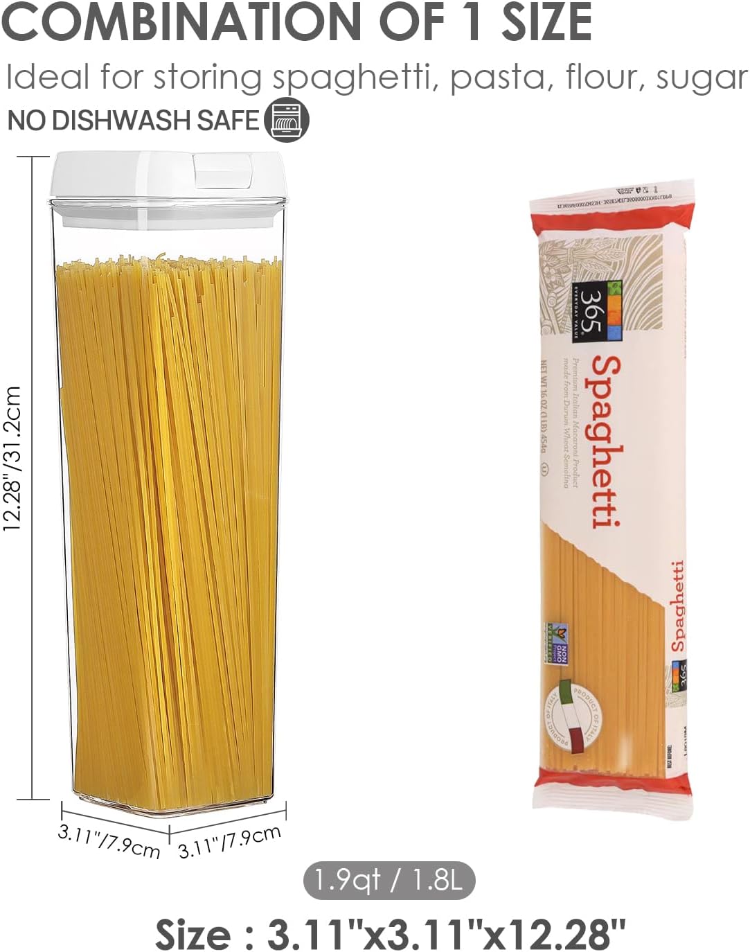 Vtopmart 4 PCS Airtight Food Storage Containers, BPA Free Plastic Spaghetti Pasta Containers with Easy Lock Lids, for Kitchen Pantry Organization and Storage, Include 24 Labels, 1.8L