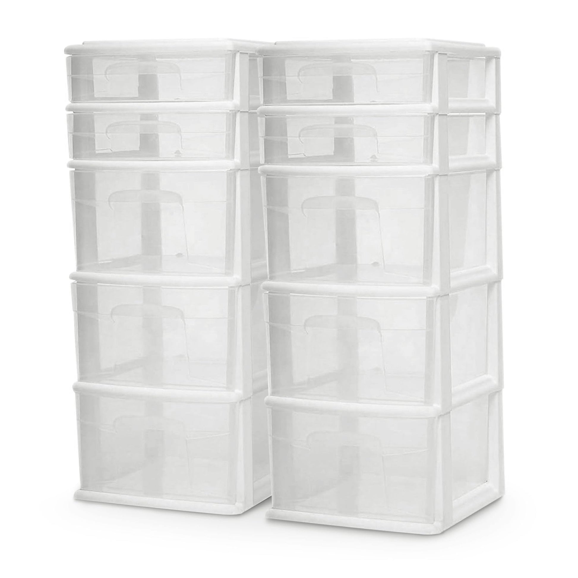 HOMZ 2-Pack Drawer Tower, 5-Tier Clear Plastic Storage Organizer Unit, White Frame - Multi-Purpose