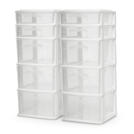 HOMZ 2-Pack Drawer Tower, 5-Tier Clear Plastic Storage Organizer Unit, White Frame - Multi-Purpose
