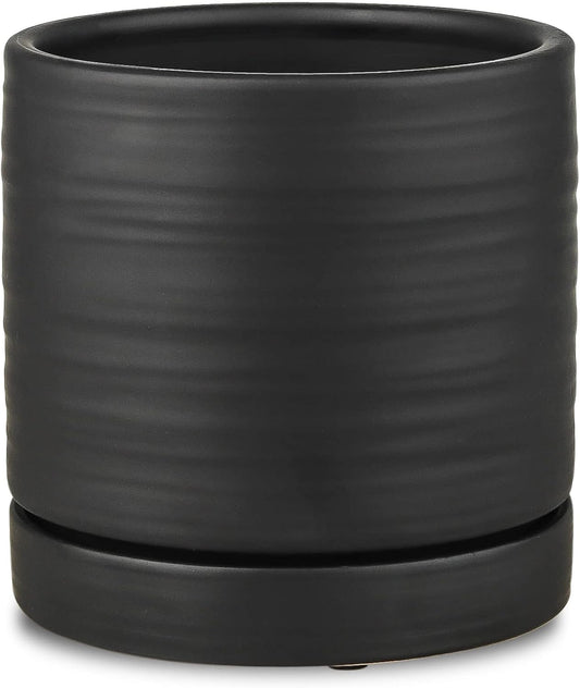 6 Inch Plant Pots, Ceramic Planter Pot with Drainage Hole & Saucer, Indoor/Outdoor Cylinder Round Planter Pot, Matte Black