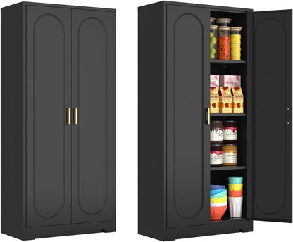 60" Tall Kitchen Pantry Cabinet, Metal Pantry Cabinet with Doors and Adjustable Shelves, Black Utility Storage Cabinet with Handles for Dining Room, Bathroom, Laundry Room - Assemble Required