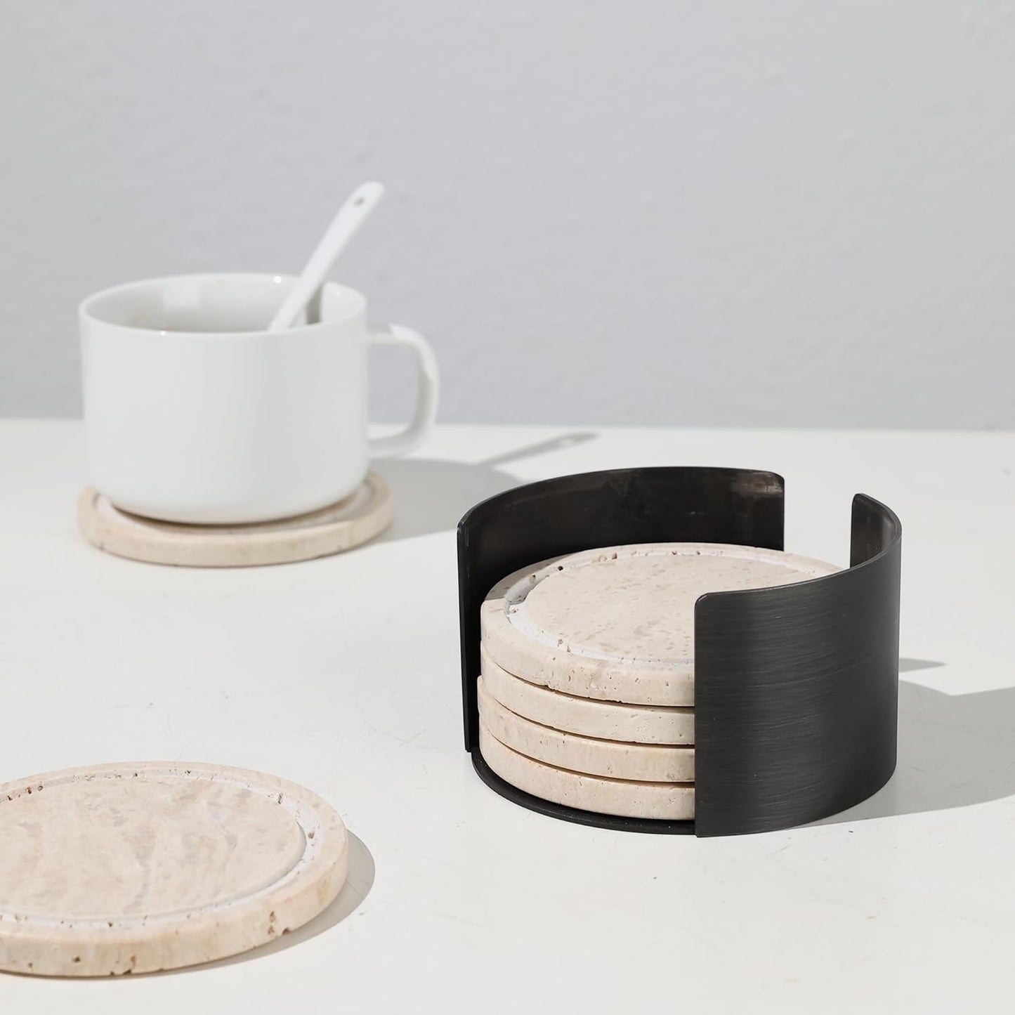 Marble Coasters Set of 6, Absorbent Stone Drink Coasters with Cork Backing, Non-Slip Modern Table Decor for Kitchen & Living Room, Natural Travertine Coasters for Drinks