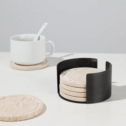 Marble Coasters Set of 6, Absorbent Stone Drink Coasters with Cork Backing, Non-Slip Modern Table Decor for Kitchen & Living Room, Natural Travertine Coasters for Drinks