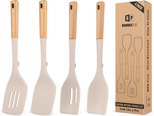 Pack of 4 Silicone Kitchen Utensils Set, Non Stick Solid Spatulas and Heat Resistant Slotted Spoons