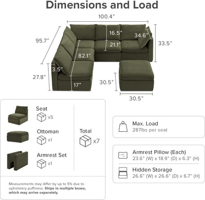 mopio Oversized Modular Sectional Sofa with Fully Removable Covers and Storage, Convertible U, L-Shaped and Sleeper Sectional, Modern Couches with Ottoman Chaise (Olive Green Velvet, 6 Seats, L)