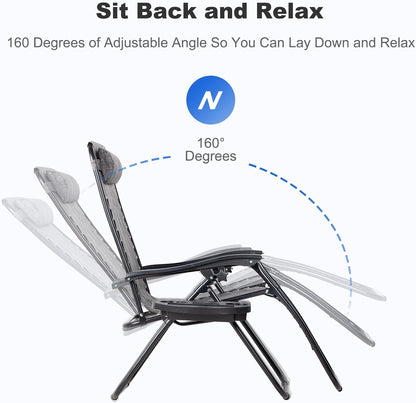 Nazhura Set of 2 Relaxing Recliners Patio Chairs Adjustable Steel Mesh Zero Gravity Lounge Chair Beach Chairs with Pillow and Cup Holder(Grey)