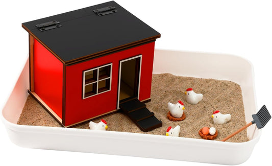 CypherX Chicken Zen Garden Sand Tray Therapy Kit with Miniature Chicken Coop, Hen Figurines Mini Zen Garden Kit Gift Office Desk Decor Fidget Stress Relief