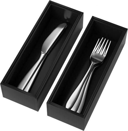 Premium Bamboo Kitchen Drawer Organizer - Set of 2, Stackable Utensils Holder, Storage Box Tray for Kitchen Drawers, Cabinet, Utensil, Silverware, Spatula, Flatware or Makeup, Vanity, Bathroom(Black)