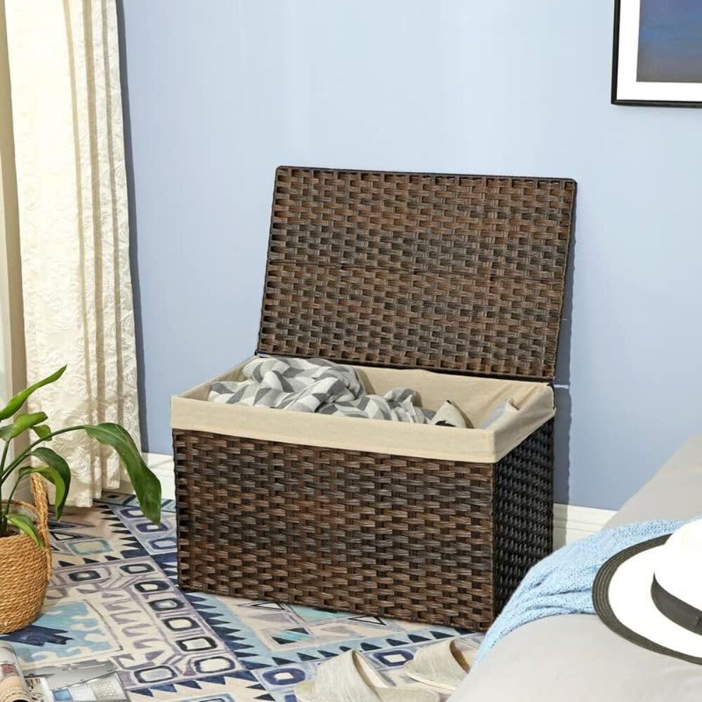 SONGMICS Storage Basket with Lid, Woven Blanket Storage Bin with Handles, Foldable, Removable