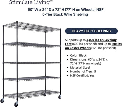 60"x24"x72" PRIME HEAVY DUTY Black 5-Tier Wire Shelving NSF 3000 LBS MAX Capacity Storage Rack for Commercial, School, Home, Garage, Warehouse, Industrial, and Hospital Uses (with Wheels)