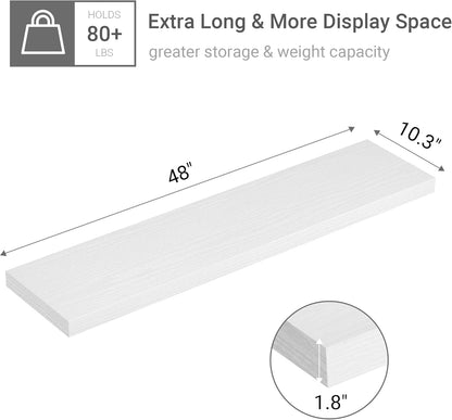 Single Floating Shelves 48 Inches, 48 x 10 inch Deep x 1.8 in Thick, Long Wall Shelves Heavy Duty 80 lbs for Bedroom, Living Room, Kitchen, Office, Modern Shelf Book Home Decor, White