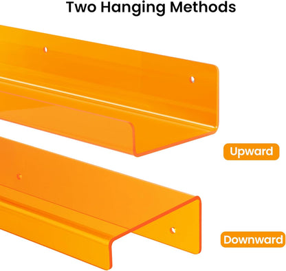 upsimples Acrylic Shelves for Wall Decor, 15" Display Shelf Perfume Organizer for Bathroom, Bedroom, Living Room, Floating Bookshelves for Kids, Clear Orange, 4 Pack