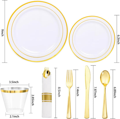 350Piece Gold Dinnerware Set for 50 Guests - Gold Plastic Plates with Disposable Cutlery Include:50Dinner Plates-50Dessert Plates-50Pre Rolled Napkins with Silverware for Thanksgiving