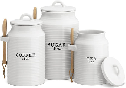 Barnyard Designs Canister Set for Kitchen Counter, Coffee Tea Sugar Container Ceramic Set, Decorative Canisters, Rustic Farmhouse Canister Jars, White (Coffee/Sugar/Tea)