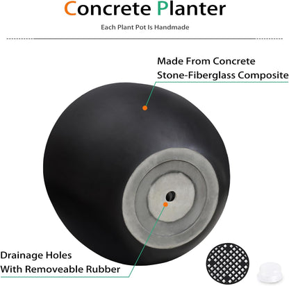 Ball Concrete Planter Outdoor Indoor, Large Tall Cement Plant Pots for Trees Flowers (Black, 16 inch)