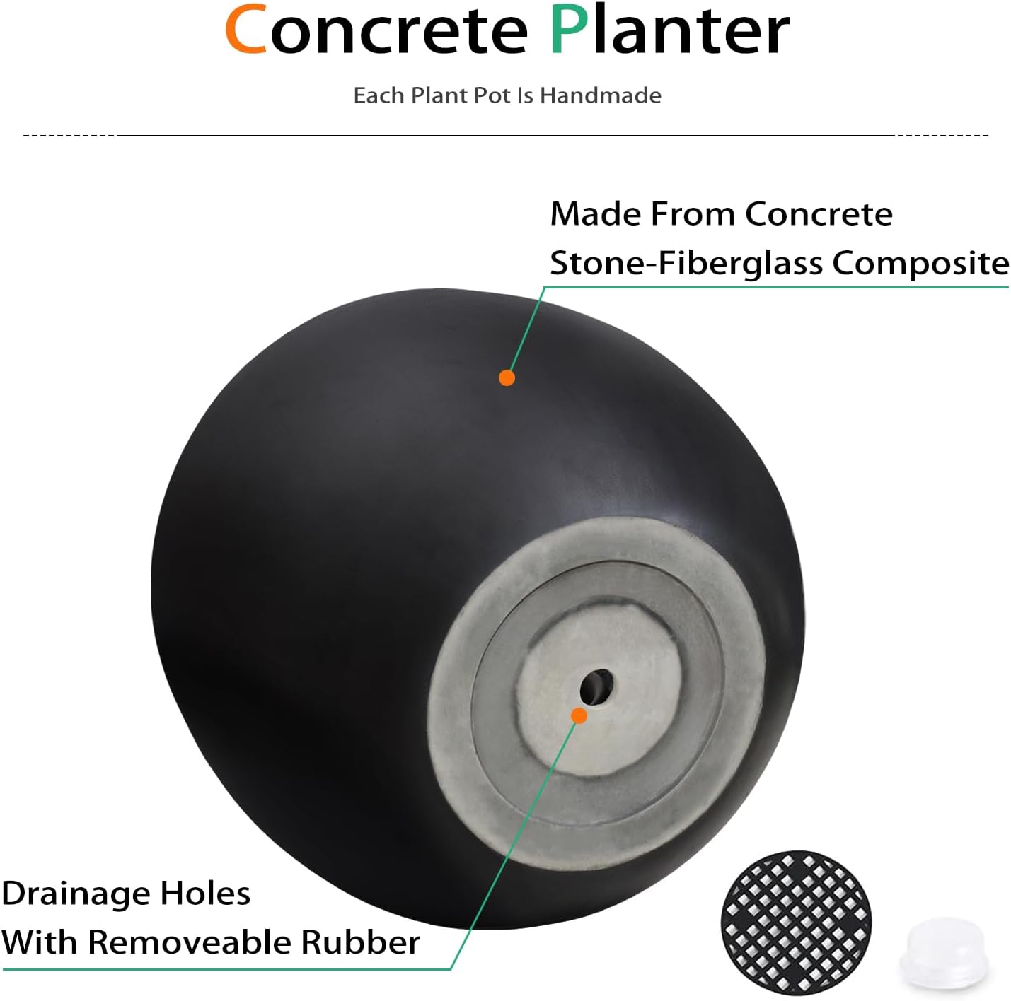 Ball Concrete Planter Outdoor Indoor, Large Tall Cement Plant Pots for Trees Flowers (Black, 18 inch)