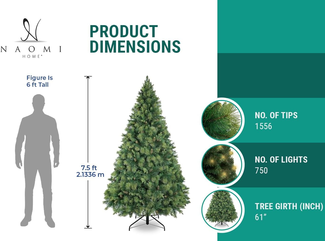 Naomi Home 7.5ft Christmas Tree with Lights, Realistic Traditional Prelit with Pine Cones, Foot Pedal 1556 Branch Tips, 750 Warm Lights and Metal Stand, Aritificial Tree