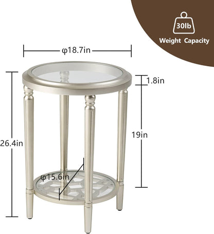 COSIEST Set of 2 Modern Round End Table, 2-Tier Glass Side Table with Glass Tabletop, Wood Accent Table with Storage Shelf for Living Room, Bedroom
