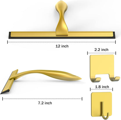 All-Purpose Stainless Steel Shower Squeegee for Shower Doors with 2 Adhesive Hooks, Bathroom Cleaner Tool Household Window Mirror Squeegee for Home Cleaning, Glass Door, Tile Wall, Car, 12 Inch Golden