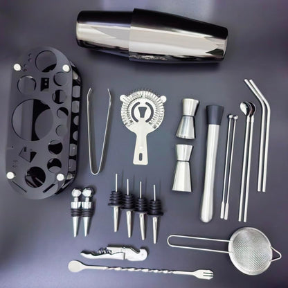 22-Piece Cocktail Shaker Set, 25/20oz Bartender Kit, Bartending Stainless Steel Bar Tools Sets for Drink Mixing, Boston Cocktail Shakers with Stand Recipes Booklet (Black-25-20oz)
